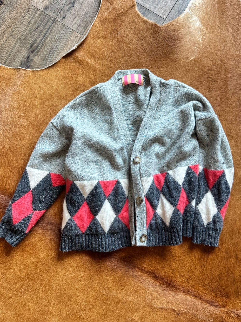 Women’s Gray Argyle Button-Front Sweater Cardigan - Pink & Charcoal Accents